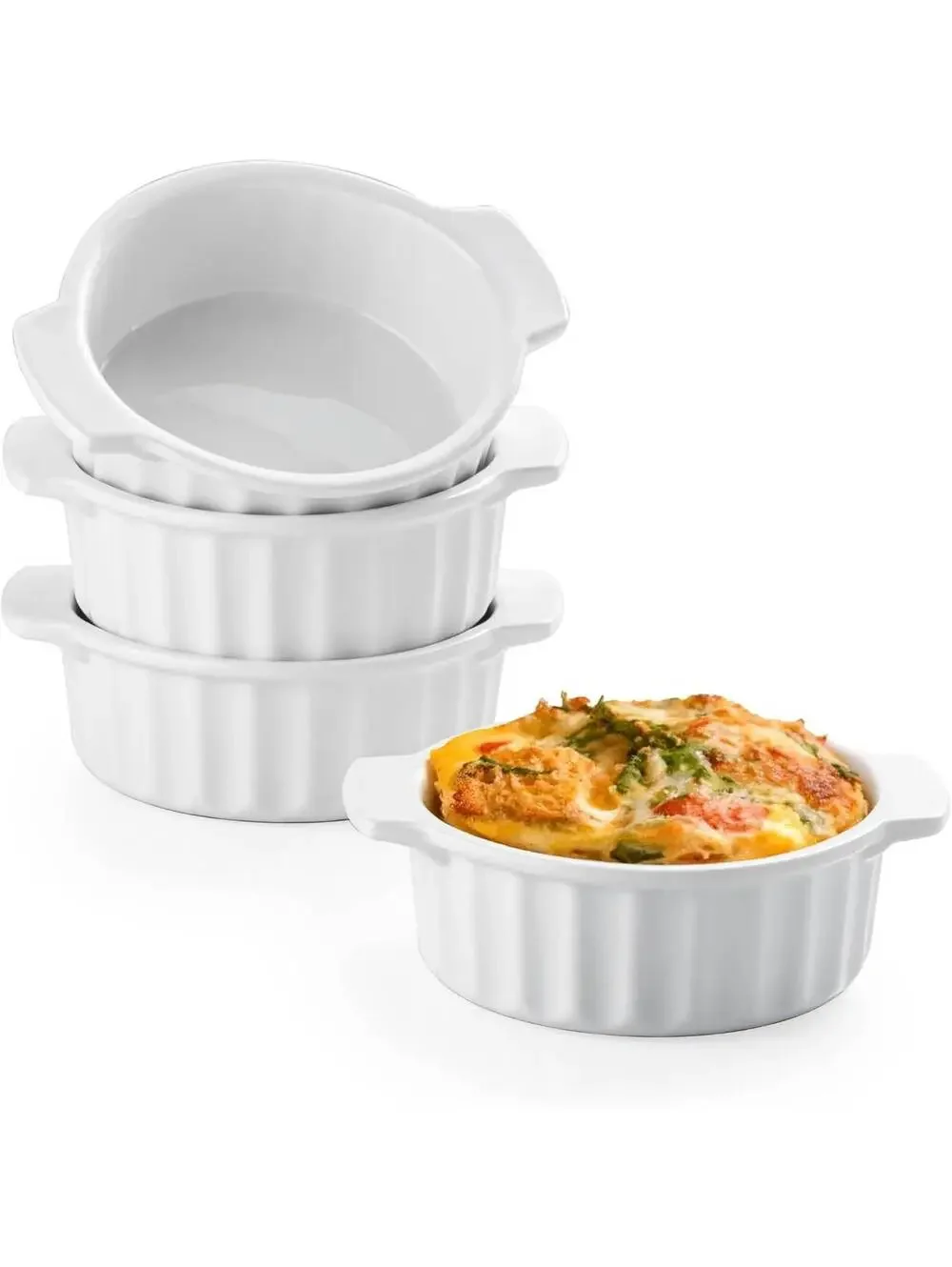 4 Pc White Ceramic Ramekins Double Handle Baking Dishes